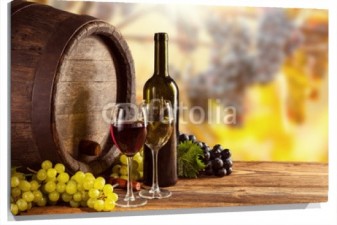 Lienzo Botella de vino, copas y barril